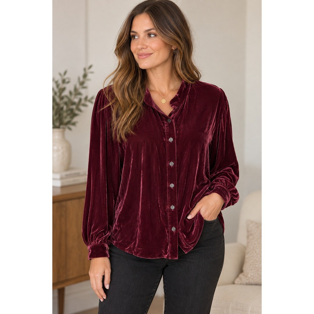 J.Jill XL Burgundy Silk Rayon Velvet Button Blouse Romantic Holiday Boho